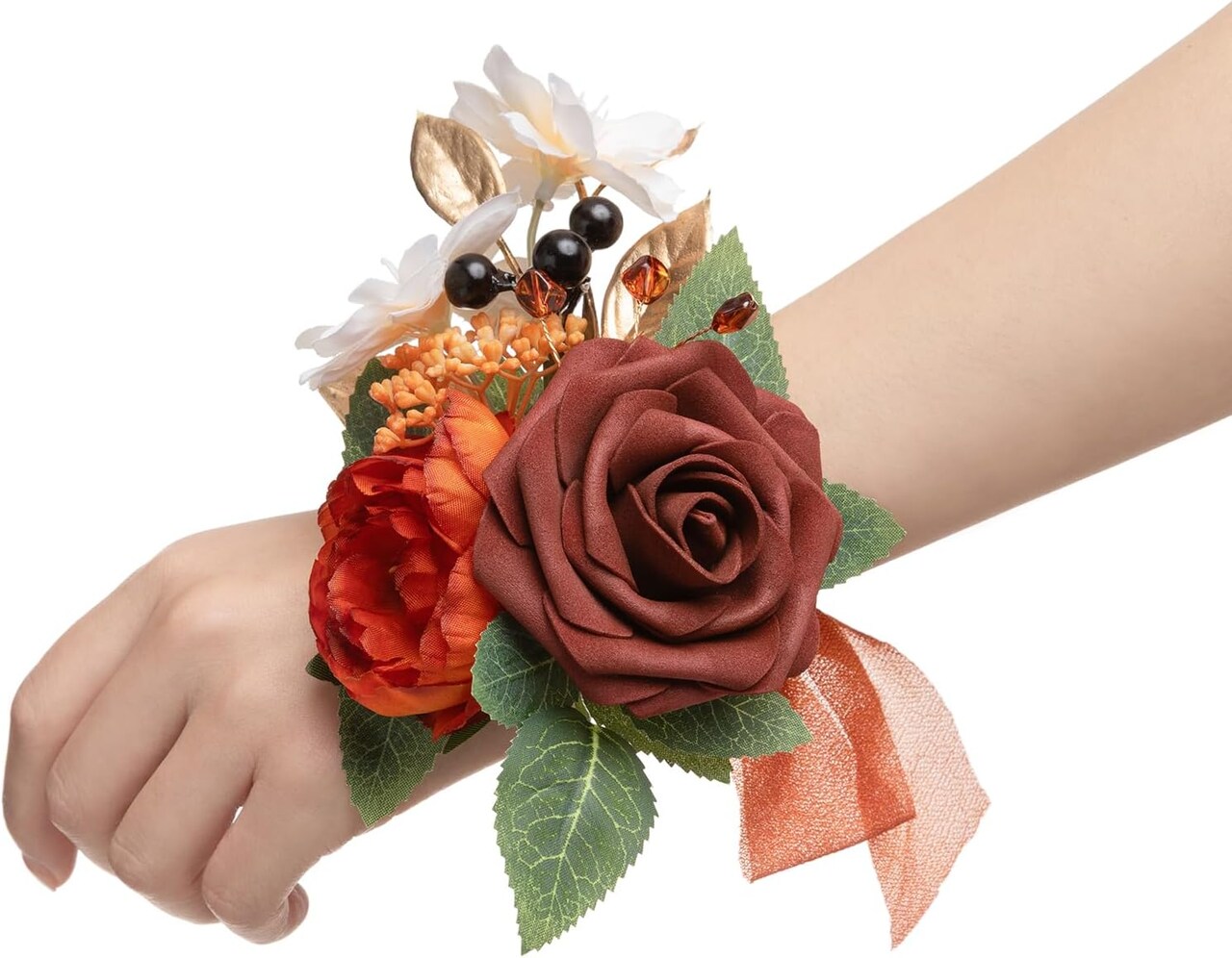 6-Piece Artificial Wedding Wrist Corsage Set – Burnt Orange Terracotta Floral Wristlets with Lace Bands for Bridesmaids, Mother of the Bride, Prom, Homecoming, Parties & Special Events